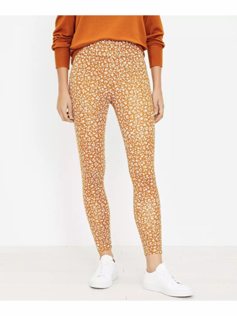 Lou & Grey Orange Floral Leggings Size S Tan Cream Ankle Casual Spring Summer